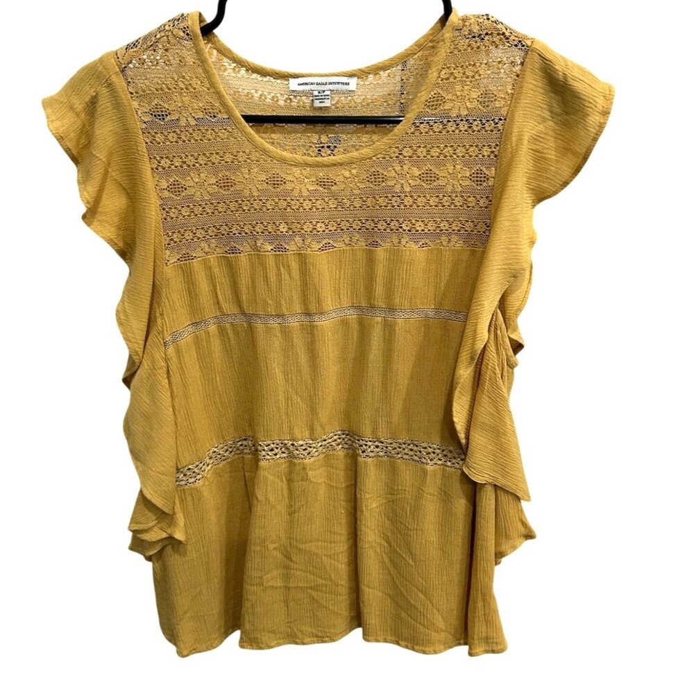 American Eagle Outfitters Mustard Yellow Lace Ruffle Short Sleeve Blouse Sz S